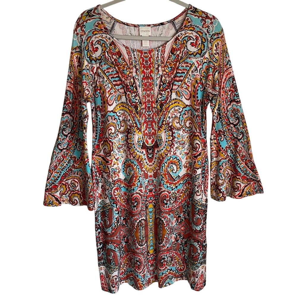 Chico’s Paisley Bohemian Dress Sz 1 (M) Bell Sleeves Stretch Knit Career Retro